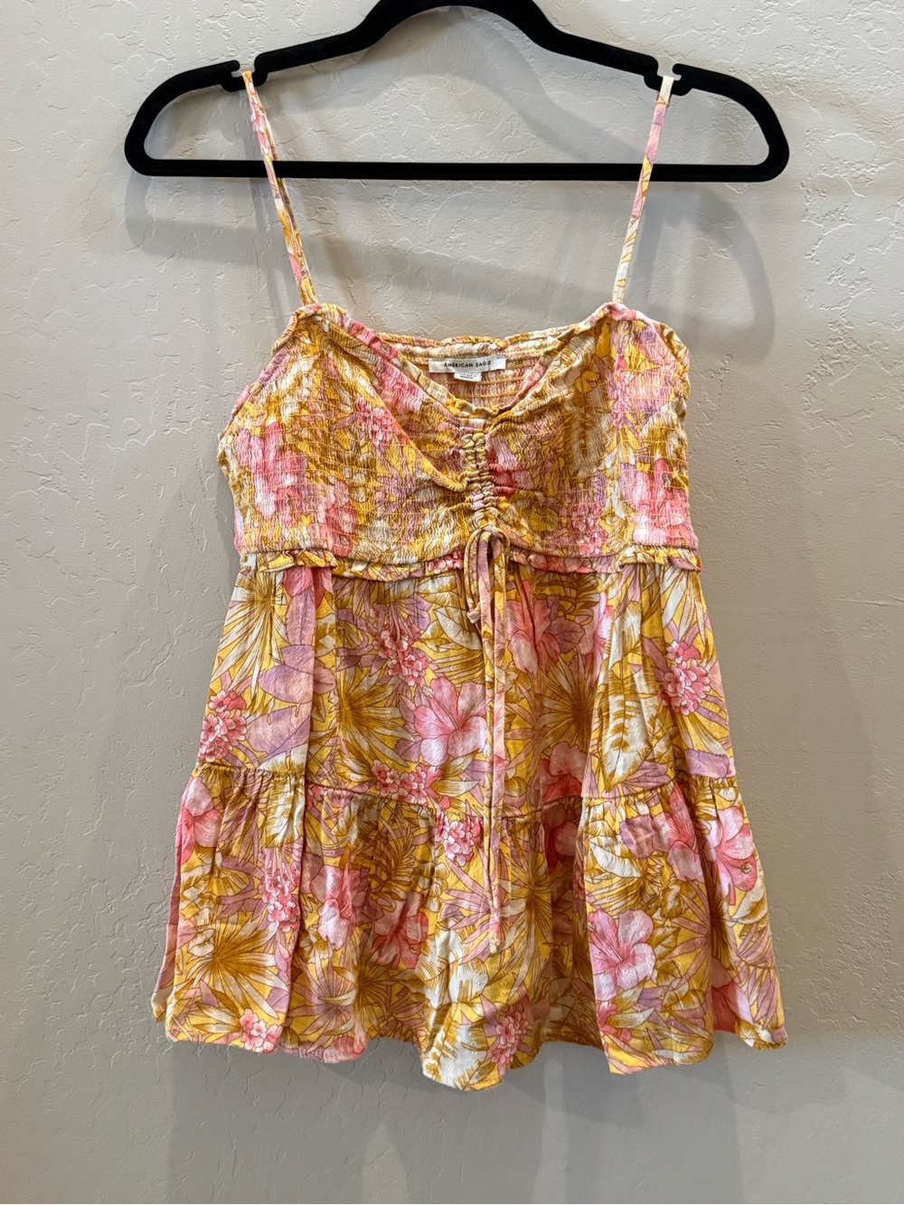 American Eagle Outfitters Pink and Mustard Smocked Floral Cami #P203